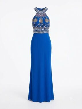 Anny Lee Royal Blue Beaded Halter Gown